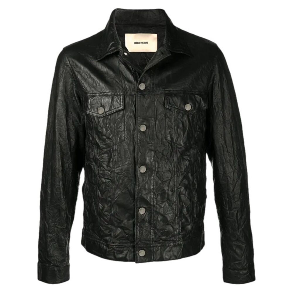 Zadig & Voltaire Base Black Crinkle Lambskin Leather Trucker Jacket Small NWT